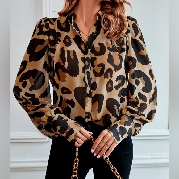 Leopard Print Sheer Button Down Shirt Top Blouse - Picture 5 of 6